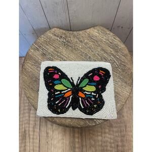 Beaded White Coin Purse Butterfly Multicolor  Summer  Womens Travel Pouch NEW!